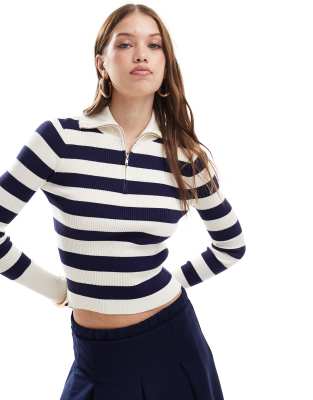 rib knit half zip collar detail top in navy and cream stripe-Multi