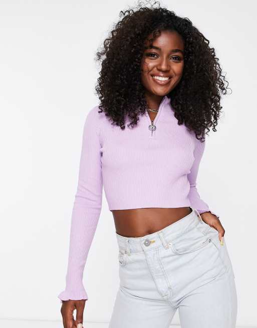 Miss Selfridge rib knit half zip jumper in lilac | ASOS