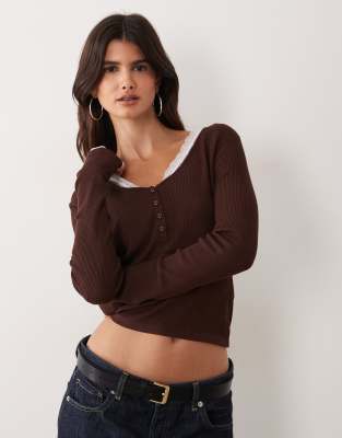 Miss Selfridge Rib Knit Lace Button Up Long Sleeve Top In Brown