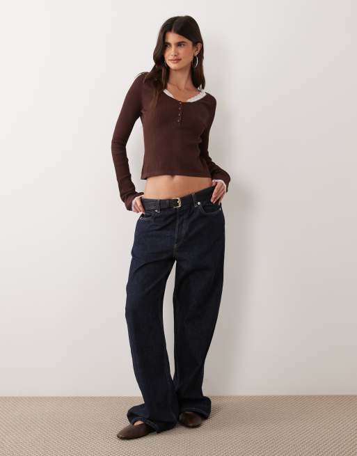 Miss Selfridge rib knit lace button up long sleeve top in chocolate, 2 of 4