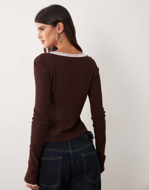 Miss Selfridge rib knit lace button up long sleeve top in chocolate, 3 of 4