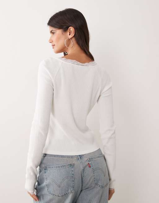 Miss Selfridge rib knit lace button up long sleeve top in cream, 3 of 4