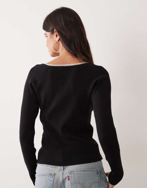 Miss Selfridge rib knit lace trim scoop fitted top in black, 4 of 4
