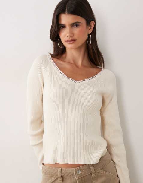 Miss Selfridge rib knit lace trim V neck fitted top in cream - view 1