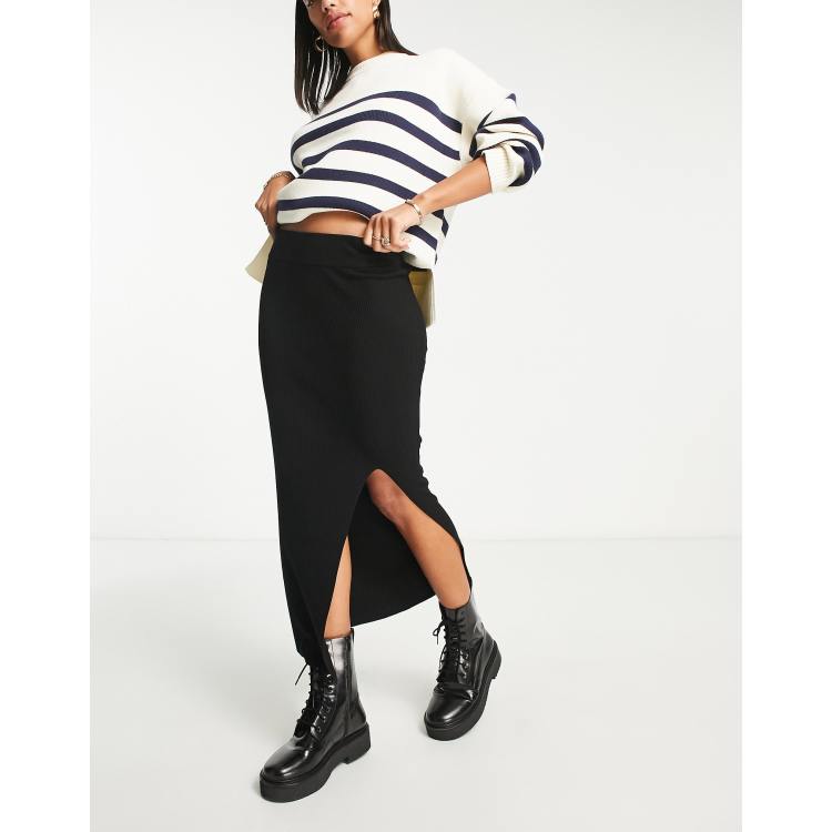 Pull&Bear ribbed midaxi skirt in black