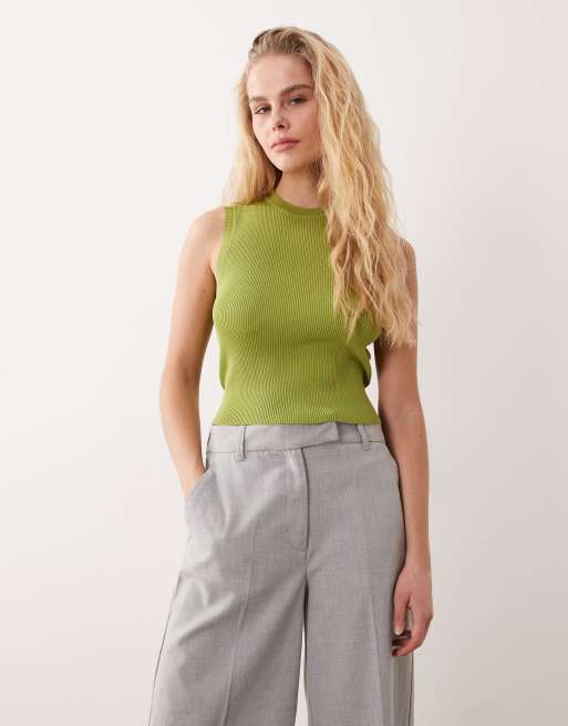 Miss Selfridge rib knit open back sleeveless top in khaki, 2 of 4