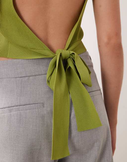 Miss Selfridge rib knit open back sleeveless top in khaki, 4 of 4