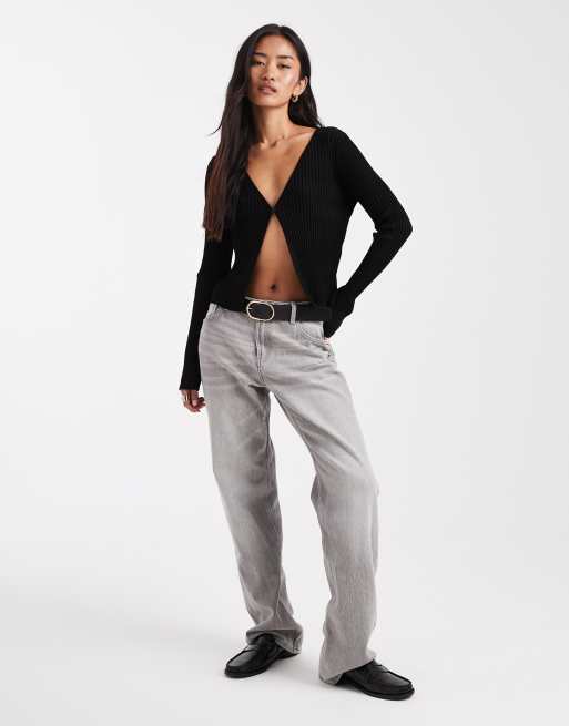 Miss Selfridge rib knit open one button cardigan in black