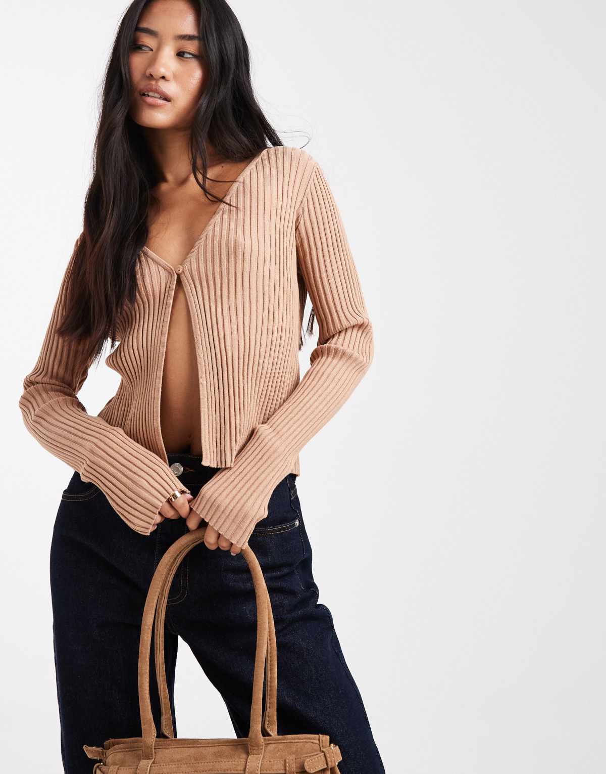 Miss Selfridge rib knit open one button cardigan in camel