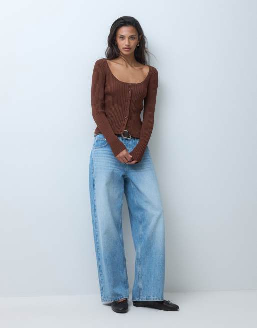 Miss Selfridge rib knit scoop neck button-through top in chocolate, 5 of 5