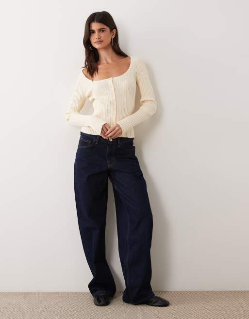 Miss Selfridge rib knit scoop neck button through top in cream, 2 of 4