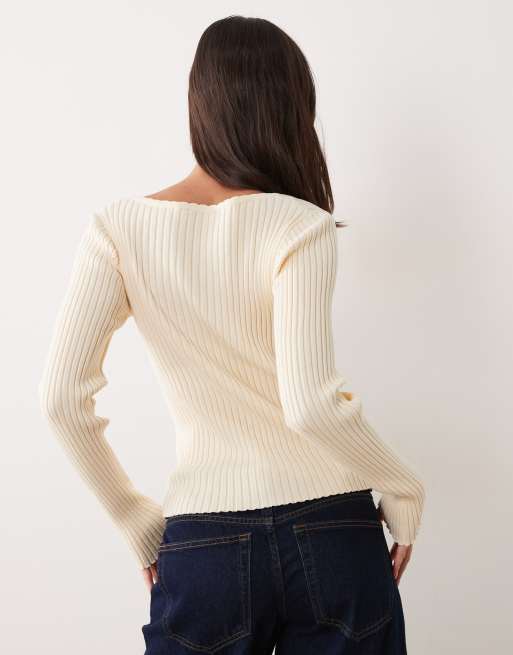 Miss Selfridge rib knit scoop neck button through top in cream, 4 of 4