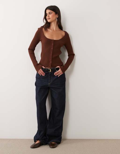 Miss Selfridge rib knit scoop neck button up top in chocolate, 2 of 4