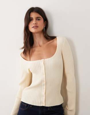Miss Selfridge Rib Knit Scoop Neck Button Up Top In Black