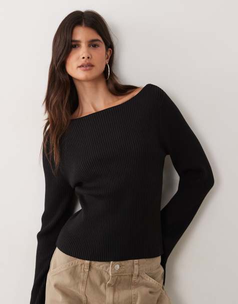 Miss Selfridge rib knit slash neck flare sleeve top in black - view 1