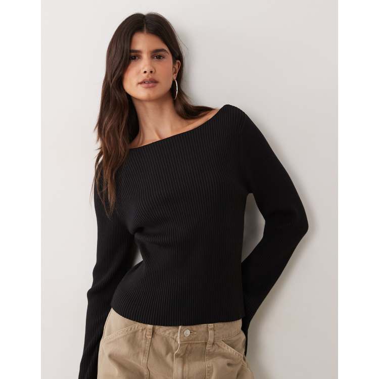 Miss Selfridge rib knit slash neck flare sleeve top in black | ASOS