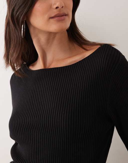 Miss Selfridge rib knit slash neck flare sleeve top in black, 4 of 4