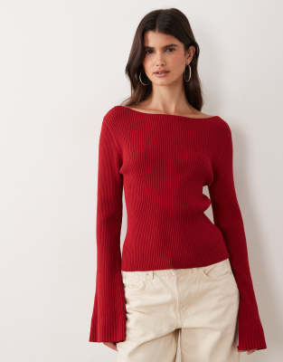 Miss Selfridge Rib Knit Slash Neck Flare Sleeve Top In Red