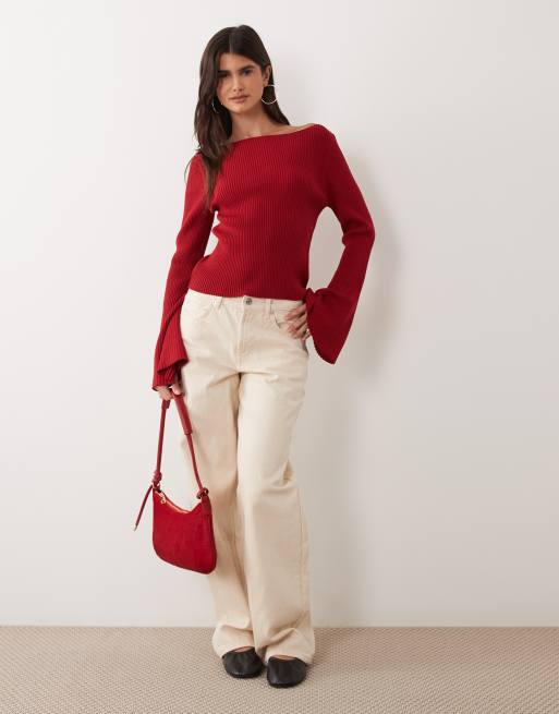 Miss Selfridge rib knit slash neck flare sleeve top in red, 3 of 4