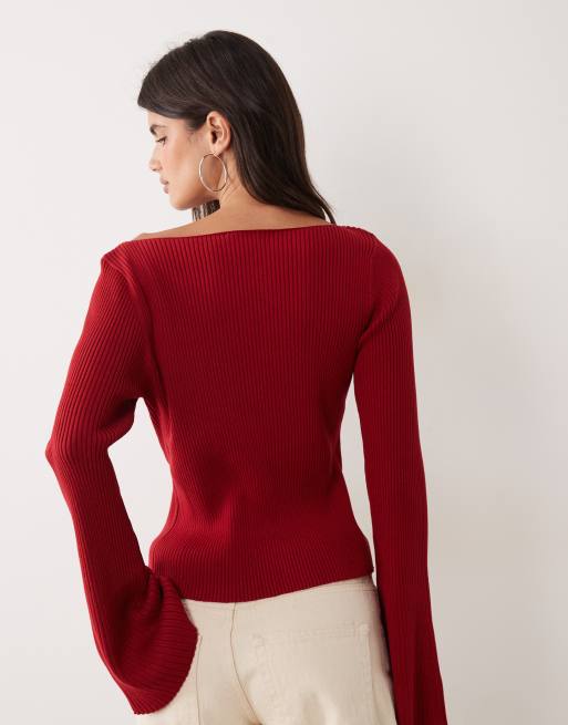Miss Selfridge rib knit slash neck flare sleeve top in red, 4 of 4