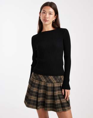 Miss Selfridge Rib Knit Slash Neck Long Sleeve Top In Black