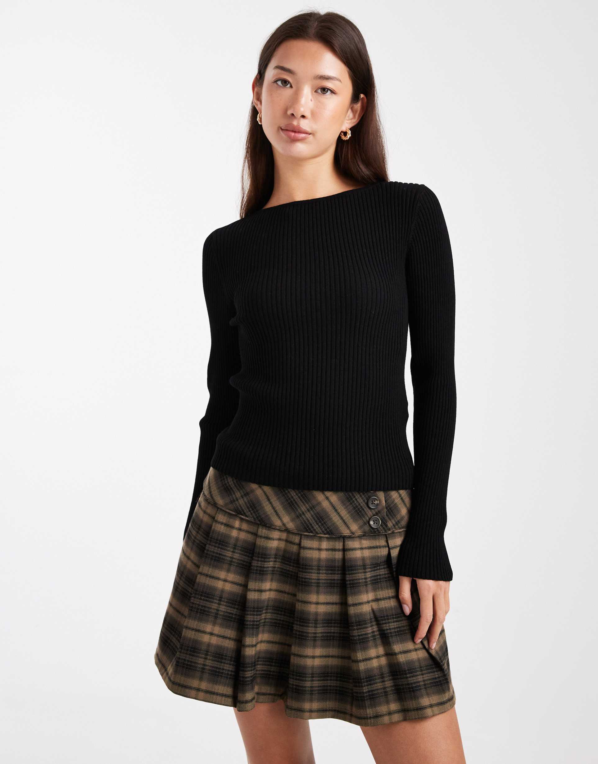 miss selfridge rib knit slash neck long sleeve top in black