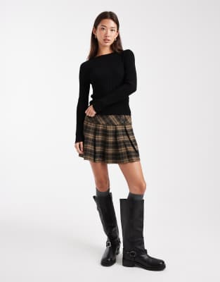 Miss Selfridge Rib Knit Slash Neck Long Sleeve Top In Black