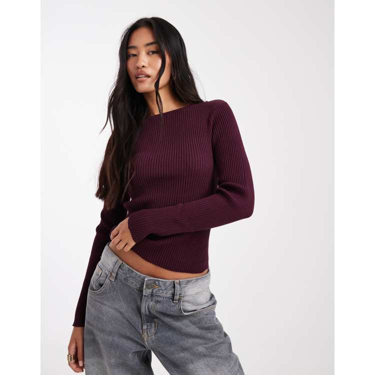 Miss Selfridge rib knit slash neck long sleeve top in plum | ASOS