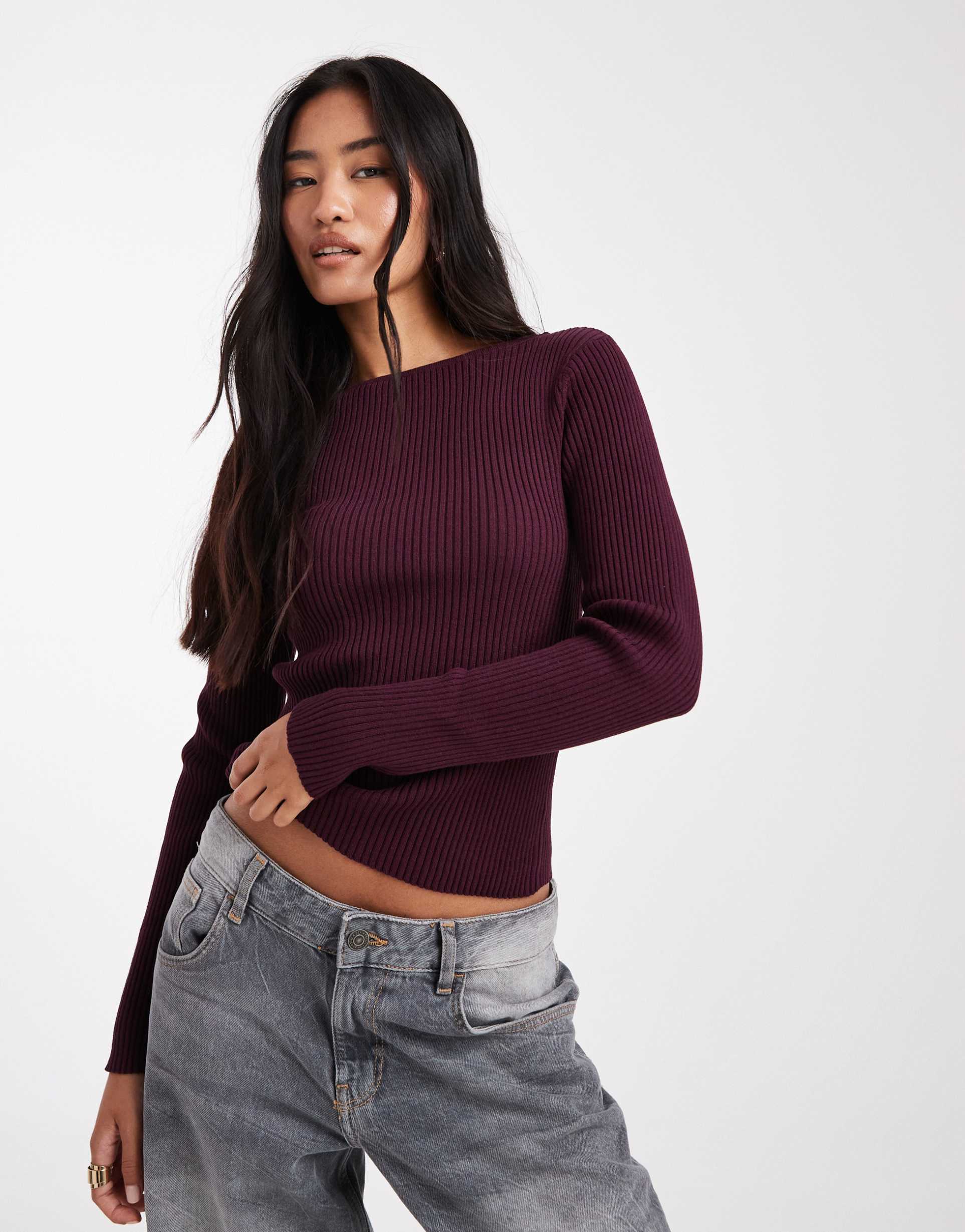 miss selfridge rib knit slash neck long sleeve top in plum