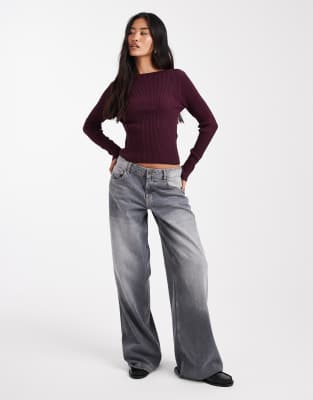 Miss Selfridge Rib Knit Slash Neck Long Sleeve Top In Pink