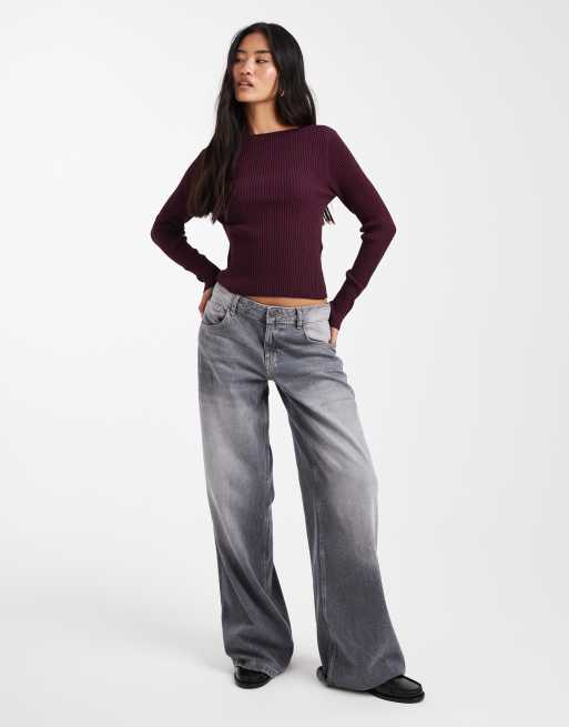 Miss Selfridge rib knit slash neck long sleeve top in plum