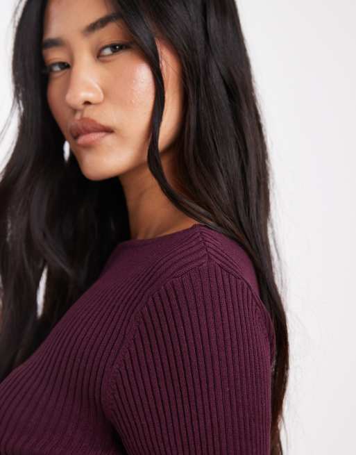 Miss Selfridge rib knit slash neck long sleeve top in plum