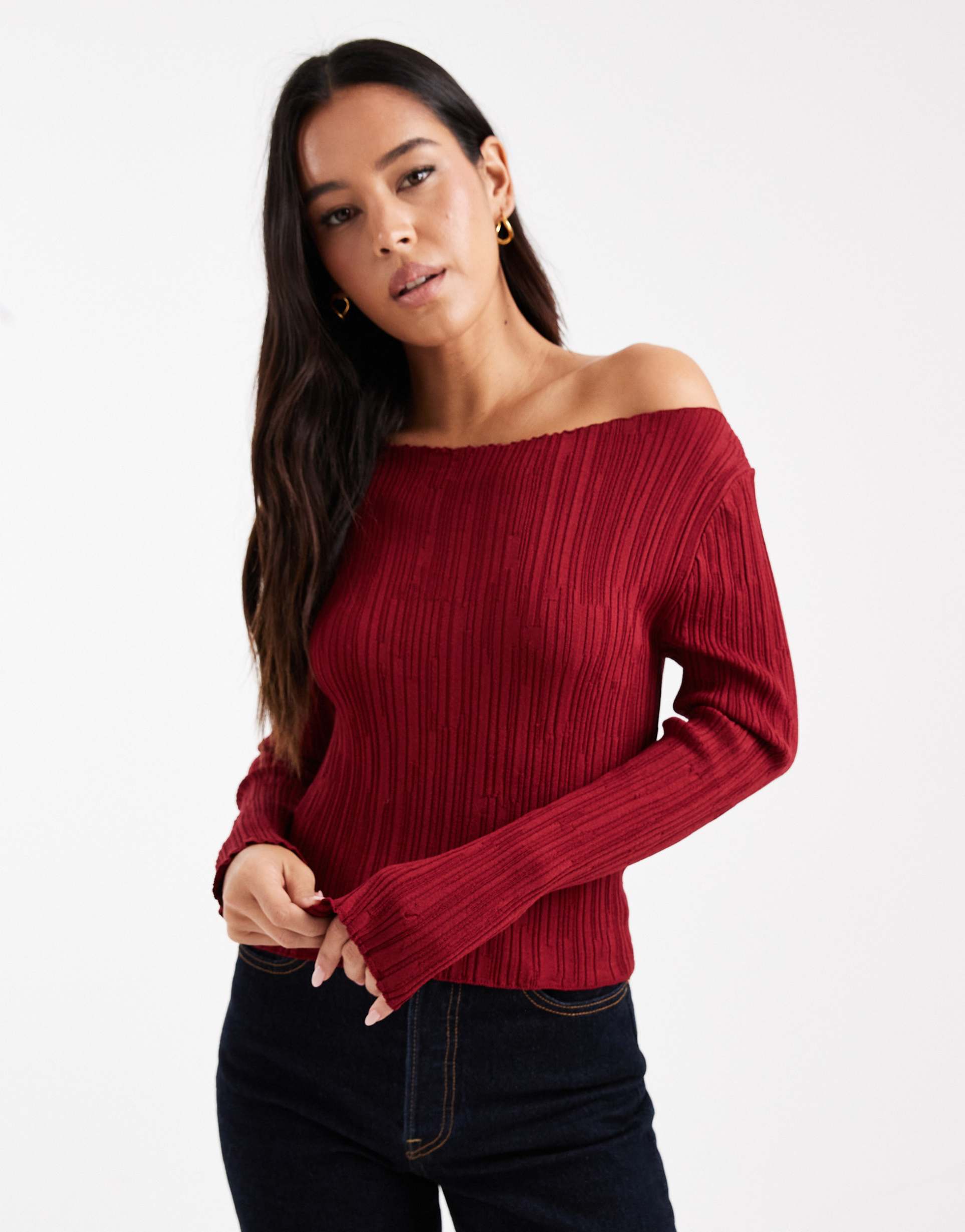 miss selfridge rib knit slash neck long sleeve top in red