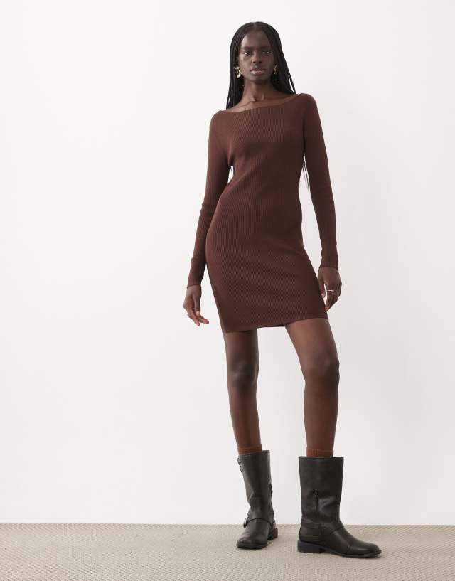 Miss Selfridge rib knit slash neck mini dress in chocolate