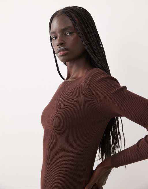Miss Selfridge rib knit slash neck mini dress in chocolate, 3 of 4