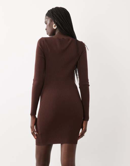 Miss Selfridge rib knit slash neck mini dress in chocolate, 4 of 4
