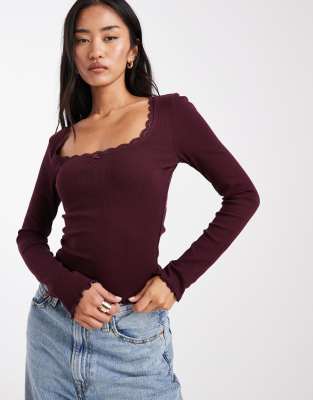 Miss Selfridge Rib Knit Square Neck Top In Purple