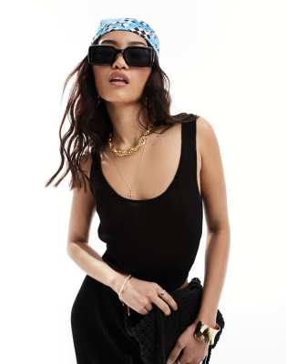 rib knit tie open back tank top in black