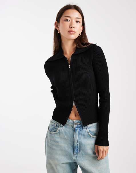 Miss Selfridge rib knit zip detail collar cardigan in black - view 1