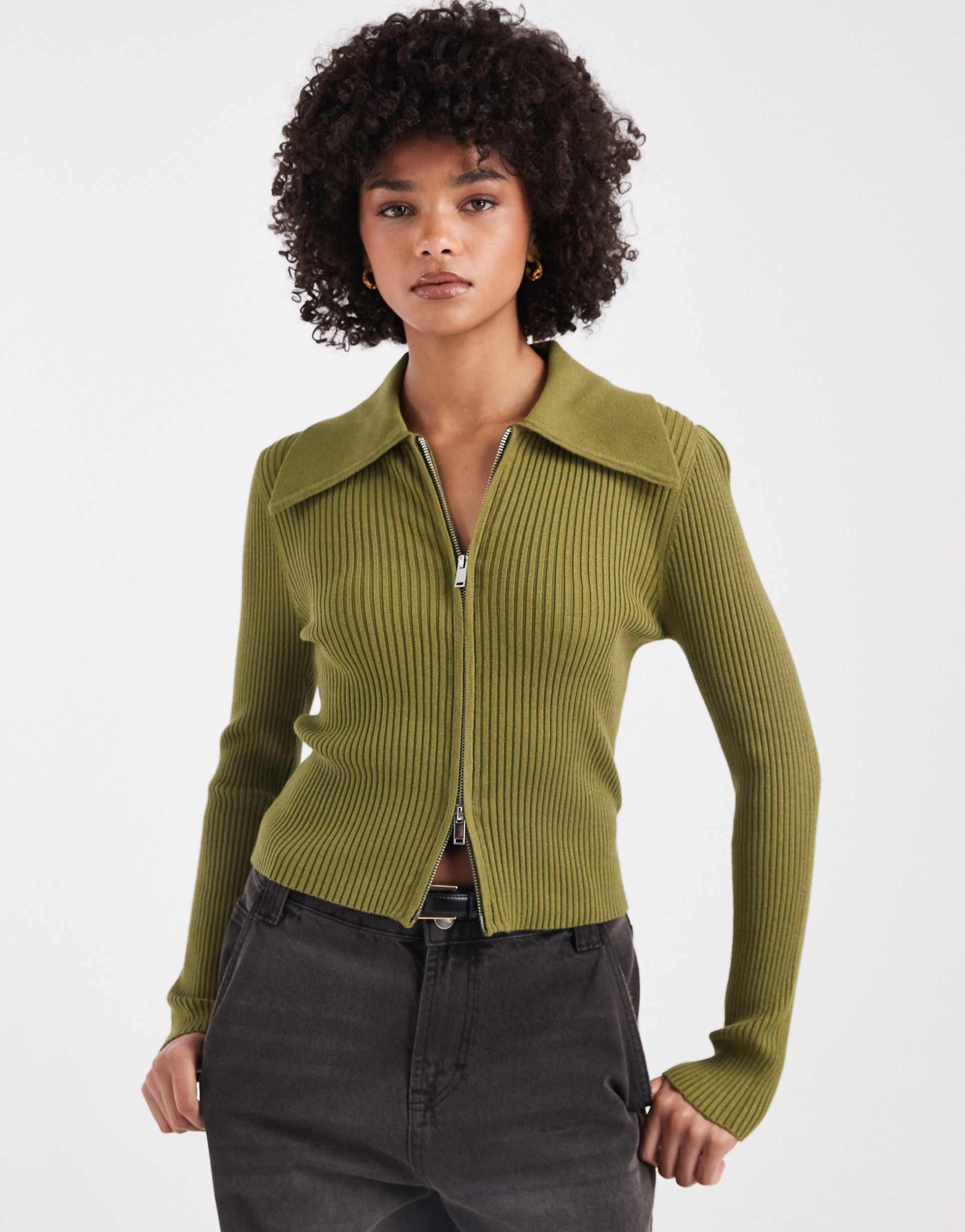 miss selfridge rib knit zip detail collar cardigan in olive