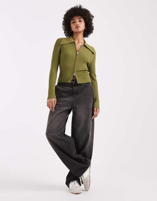 Miss Selfridge rib knit zip detail collar cardigan in olive, 2 of 4