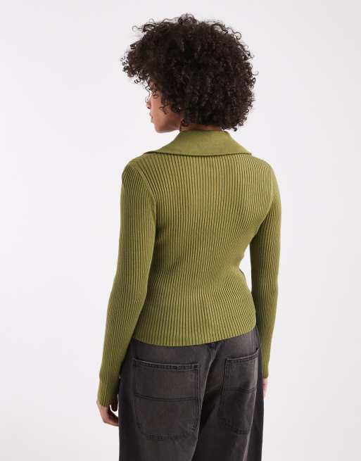 Miss Selfridge rib knit zip detail collar cardigan in olive, 4 of 4