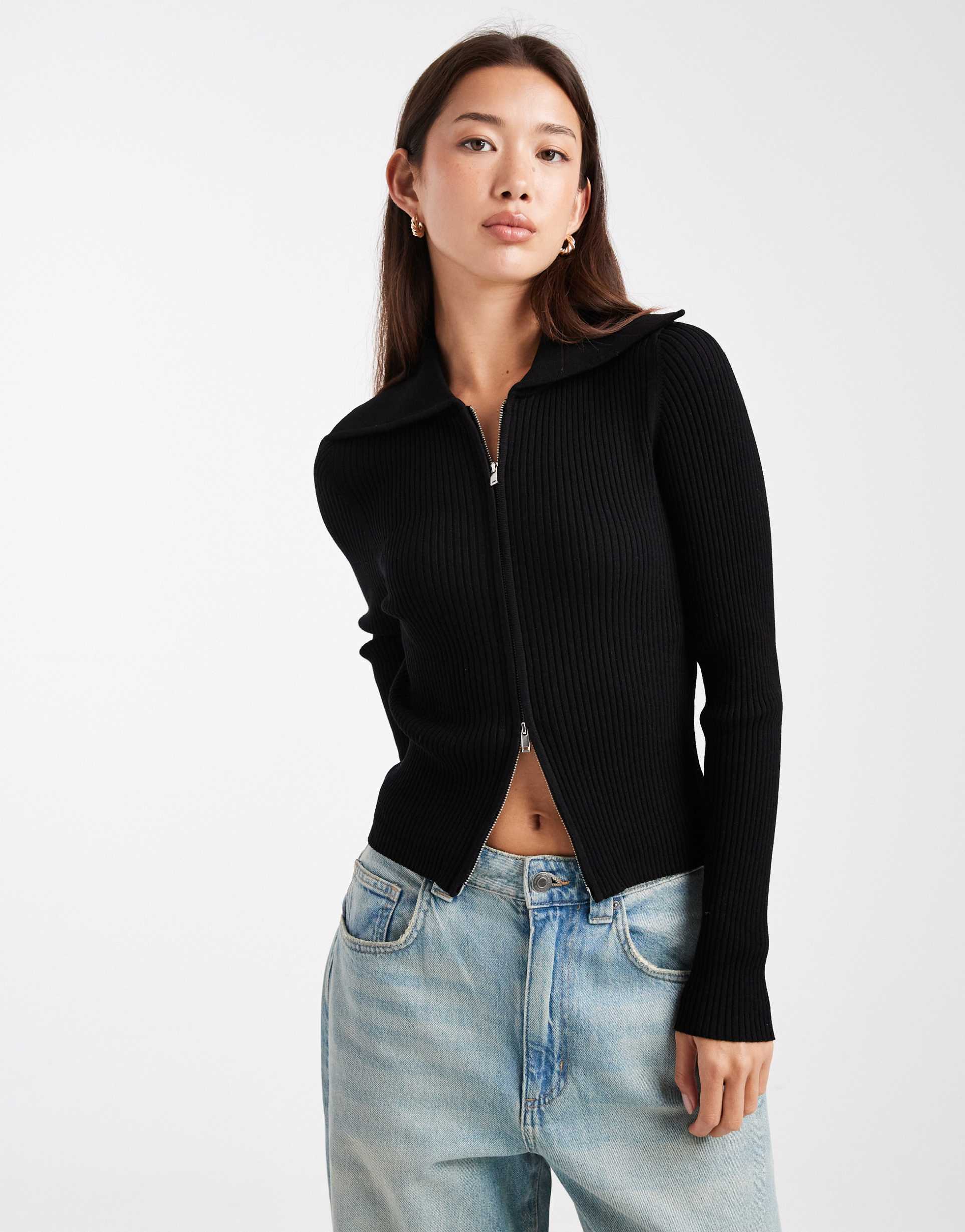 miss selfridge rib knit zip detail collared cardigan in black