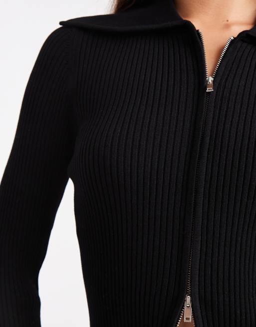 Miss Selfridge rib knit zip detail collared cardigan in black