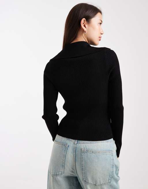 Miss Selfridge rib knit zip detail collared cardigan in black