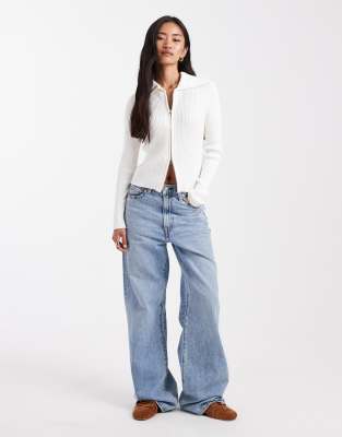 Miss Selfridge Rib Knit Zip Detail Collared Cardigan In White