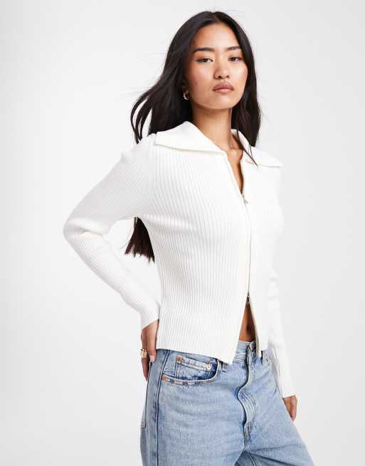 Miss Selfridge rib knit zip detail collared cardigan in cream, 3 of 4