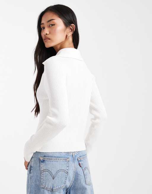 Miss Selfridge rib knit zip detail collared cardigan in cream