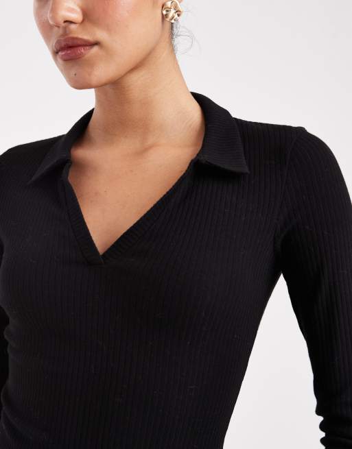 Miss Selfridge rib long sleeve polo top in black, 2 of 4