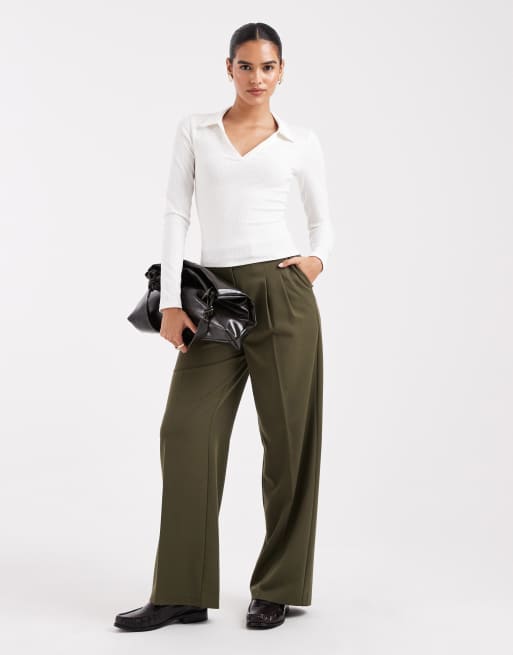 Miss Selfridge rib long sleeve polo top in cream, 3 of 4